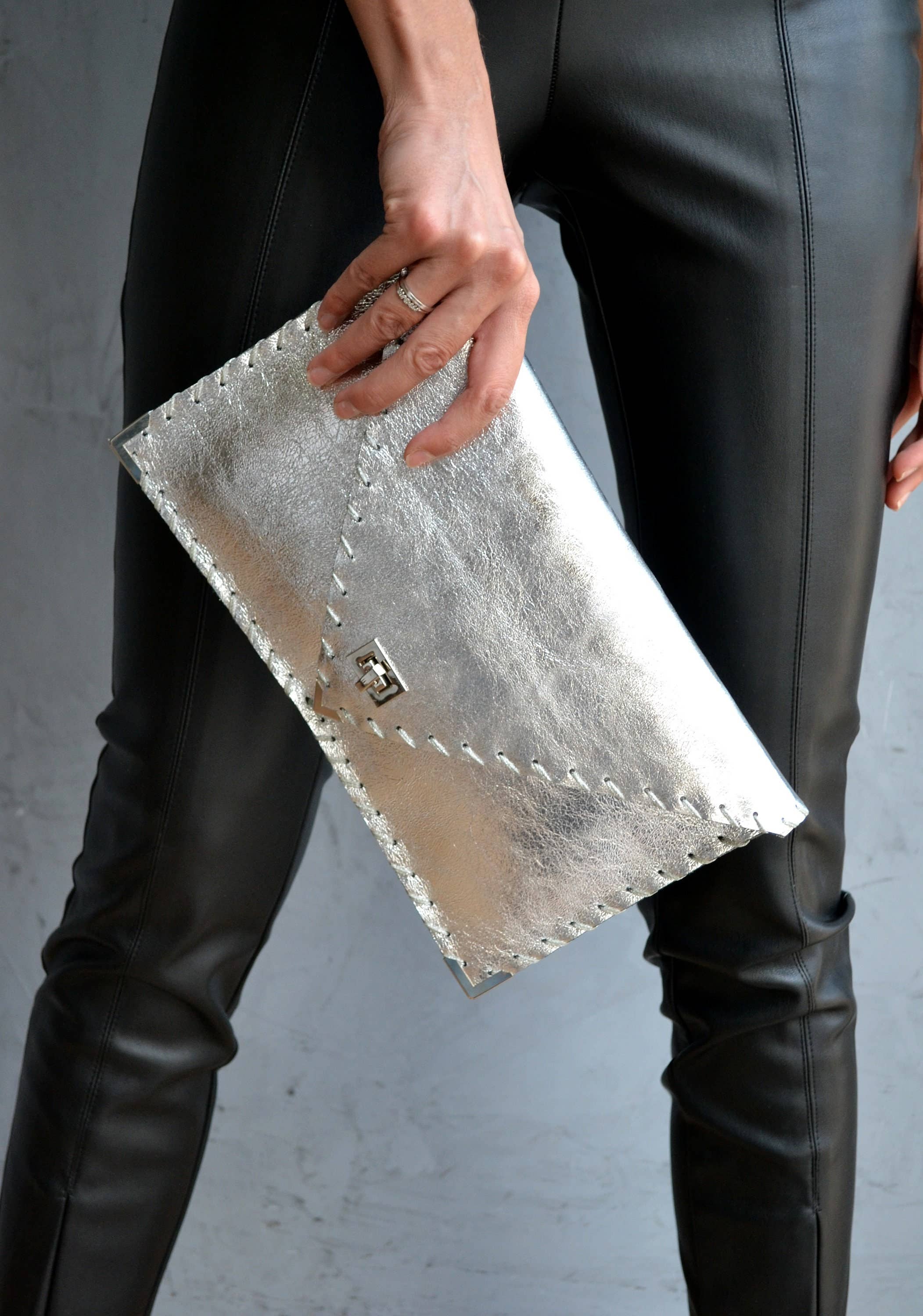 Symmetria leather clutch in silver
