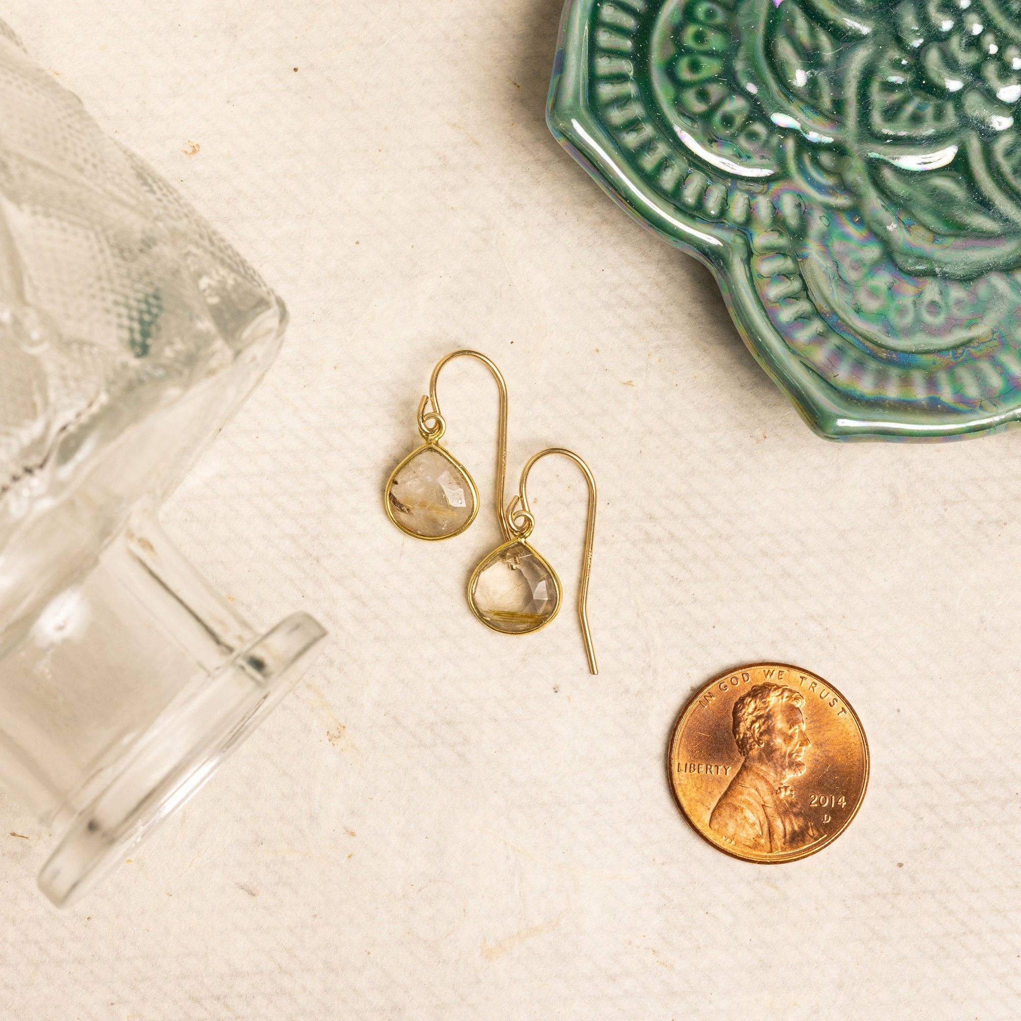 Golden Rutilated Quartz Mini Drop Gold Earrings