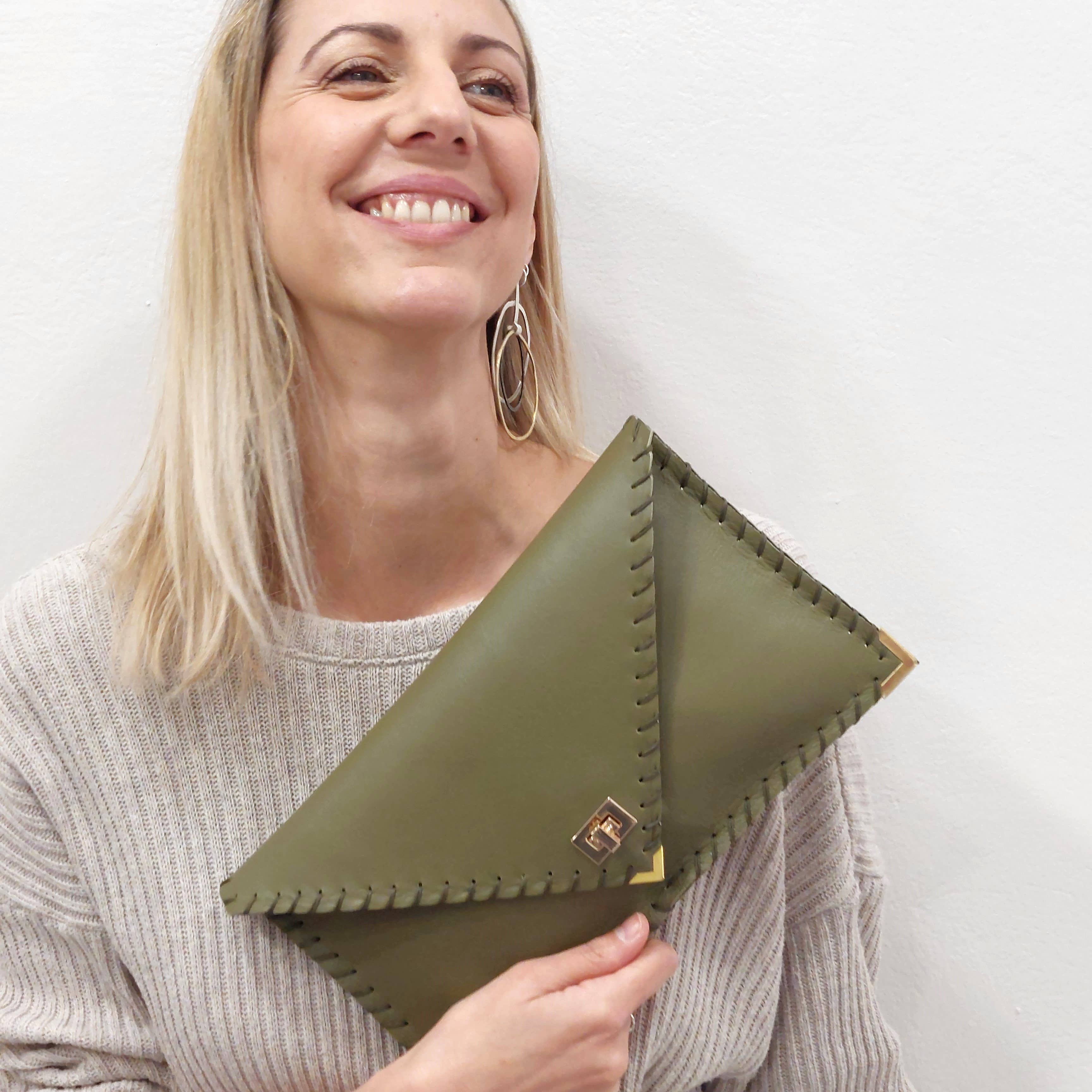 Symmetria Leather Clutch In Olive Green