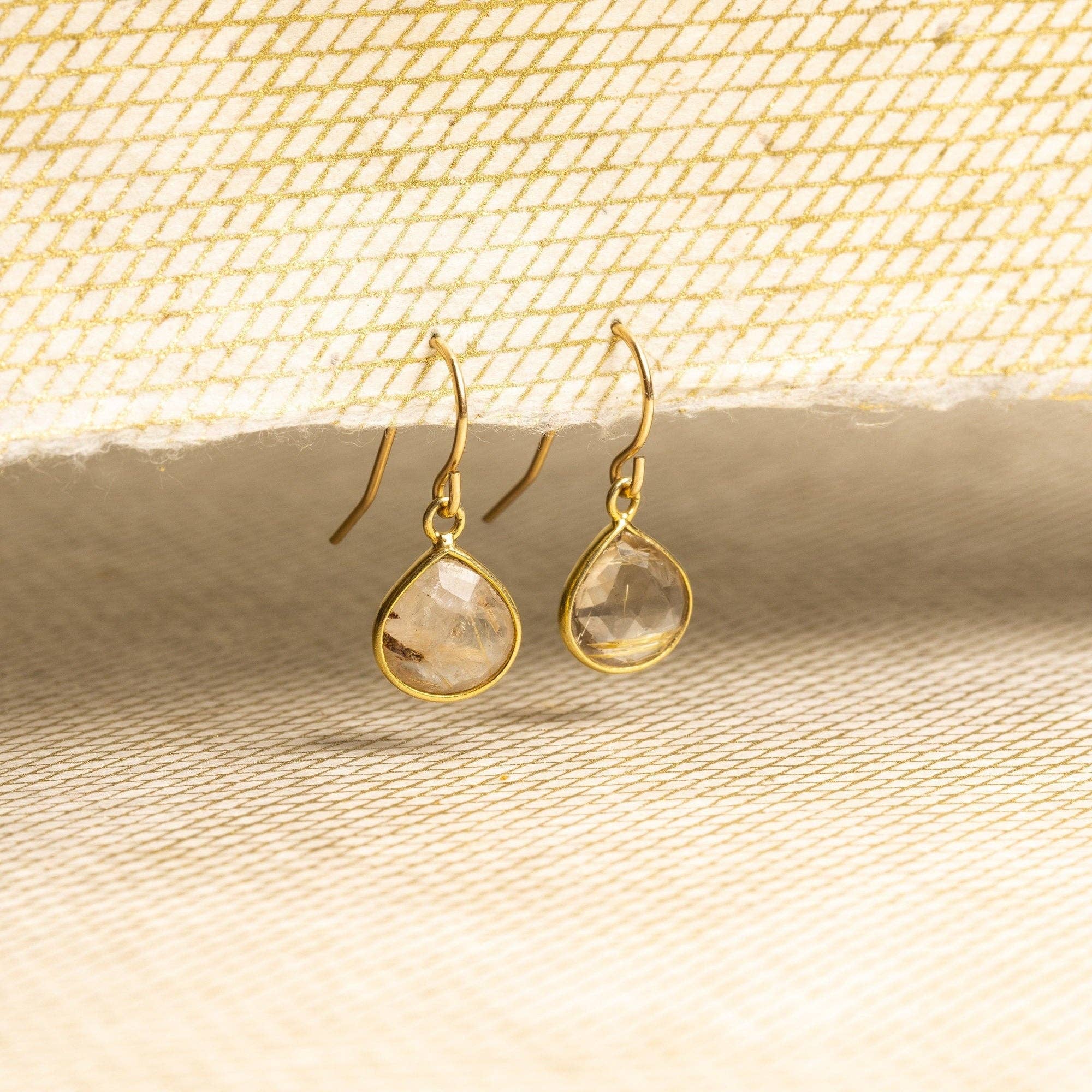 Golden Rutilated Quartz Mini Drop Gold Earrings