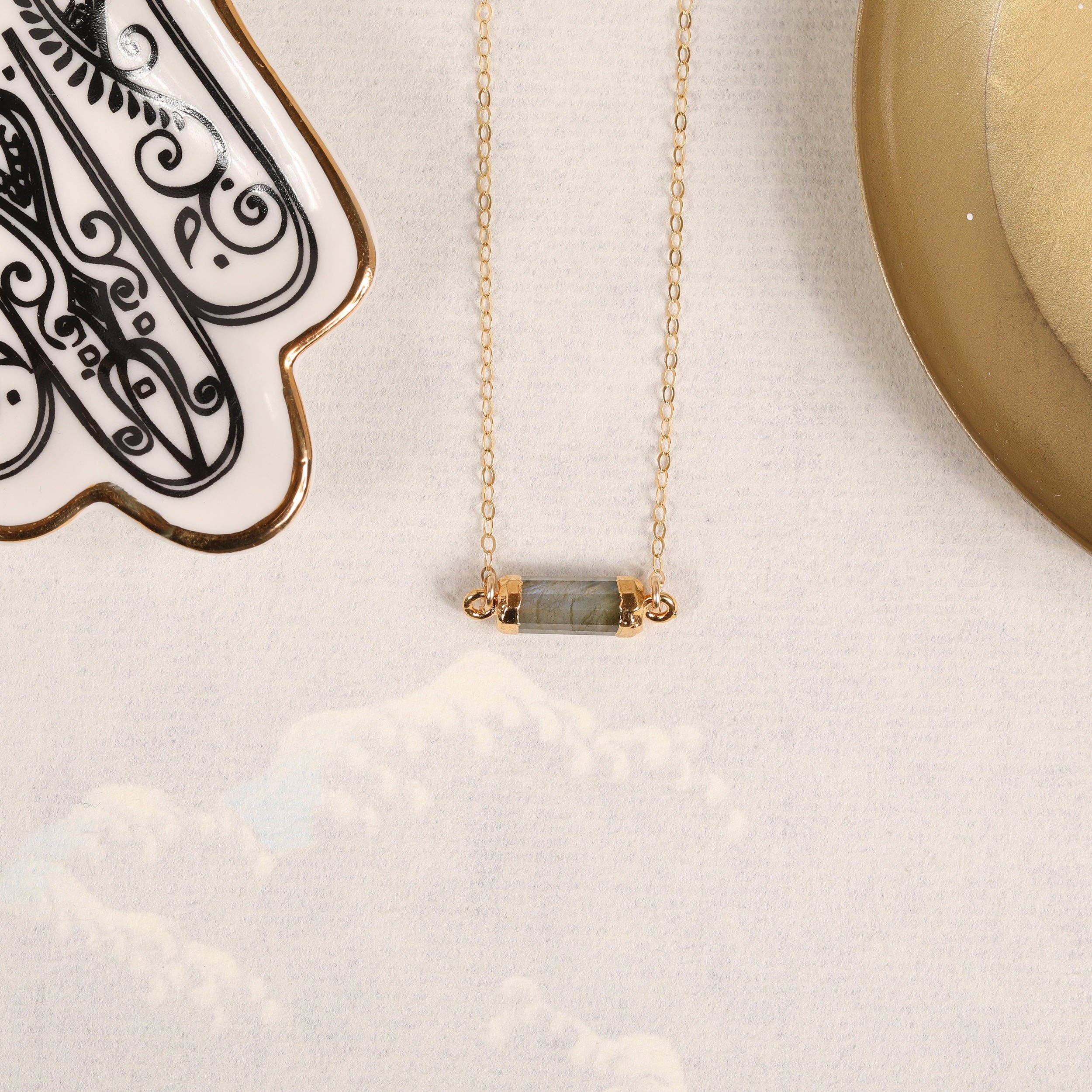Labradorite Short Bar Gold Necklace