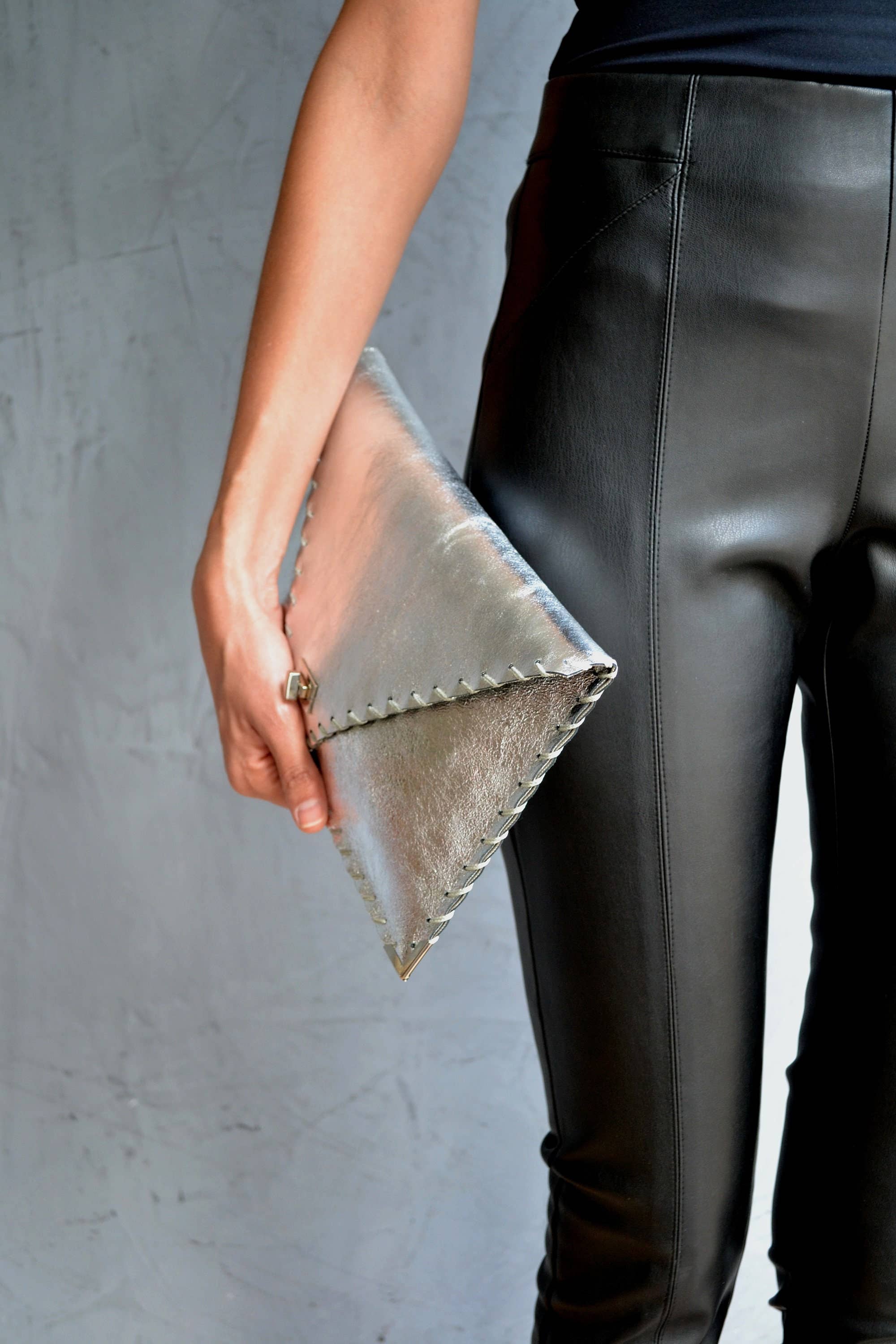 Symmetria leather clutch in silver