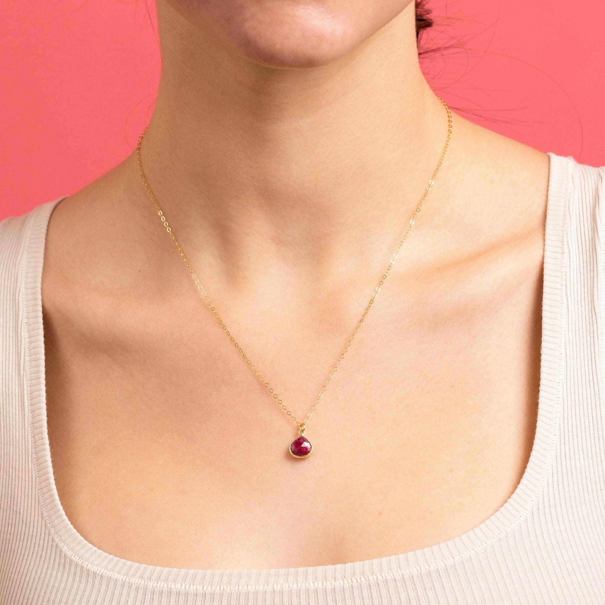 Ruby Teardrop Pendant Gold Necklace