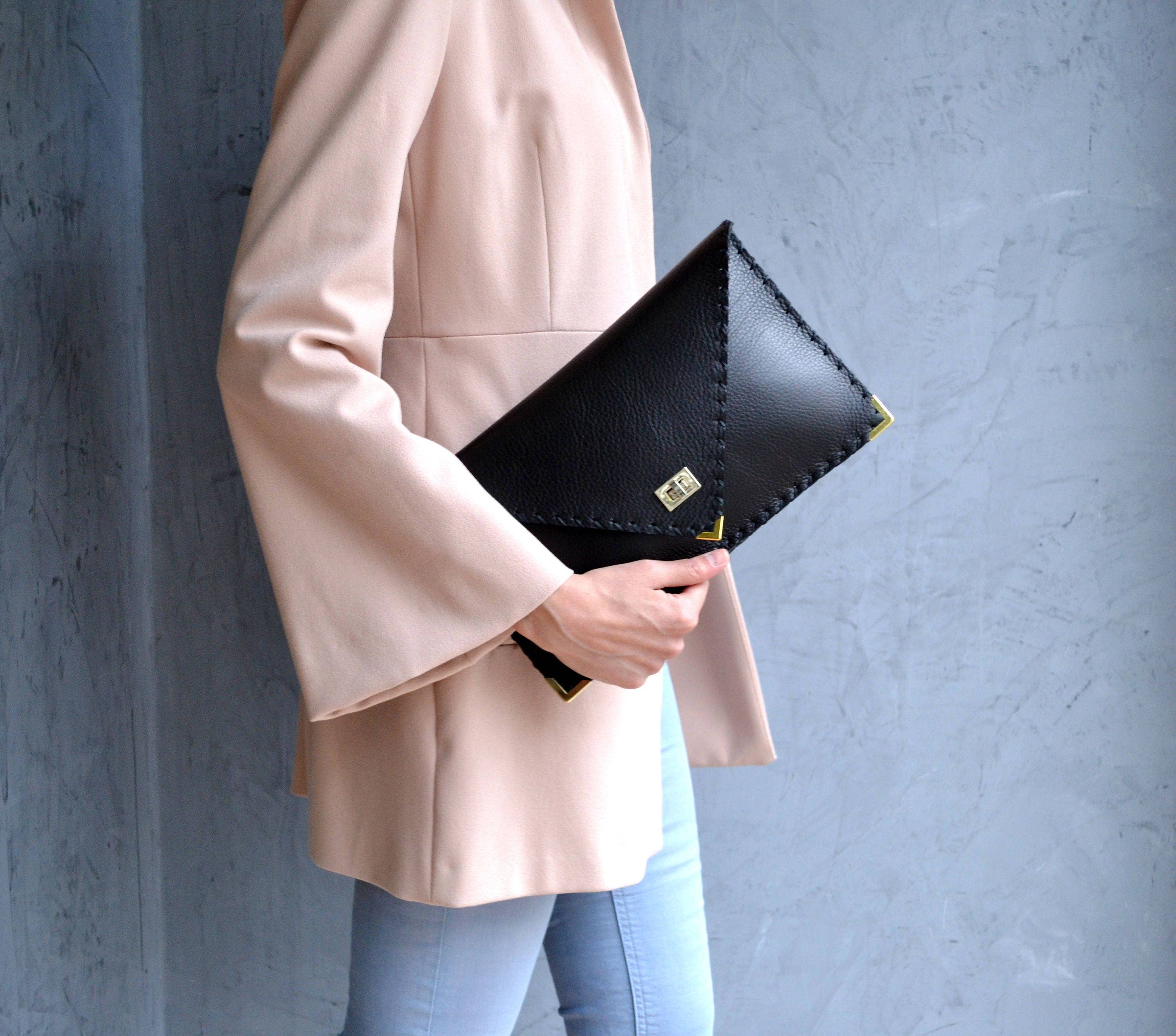 Symmetria Black Leather Clutch Bag