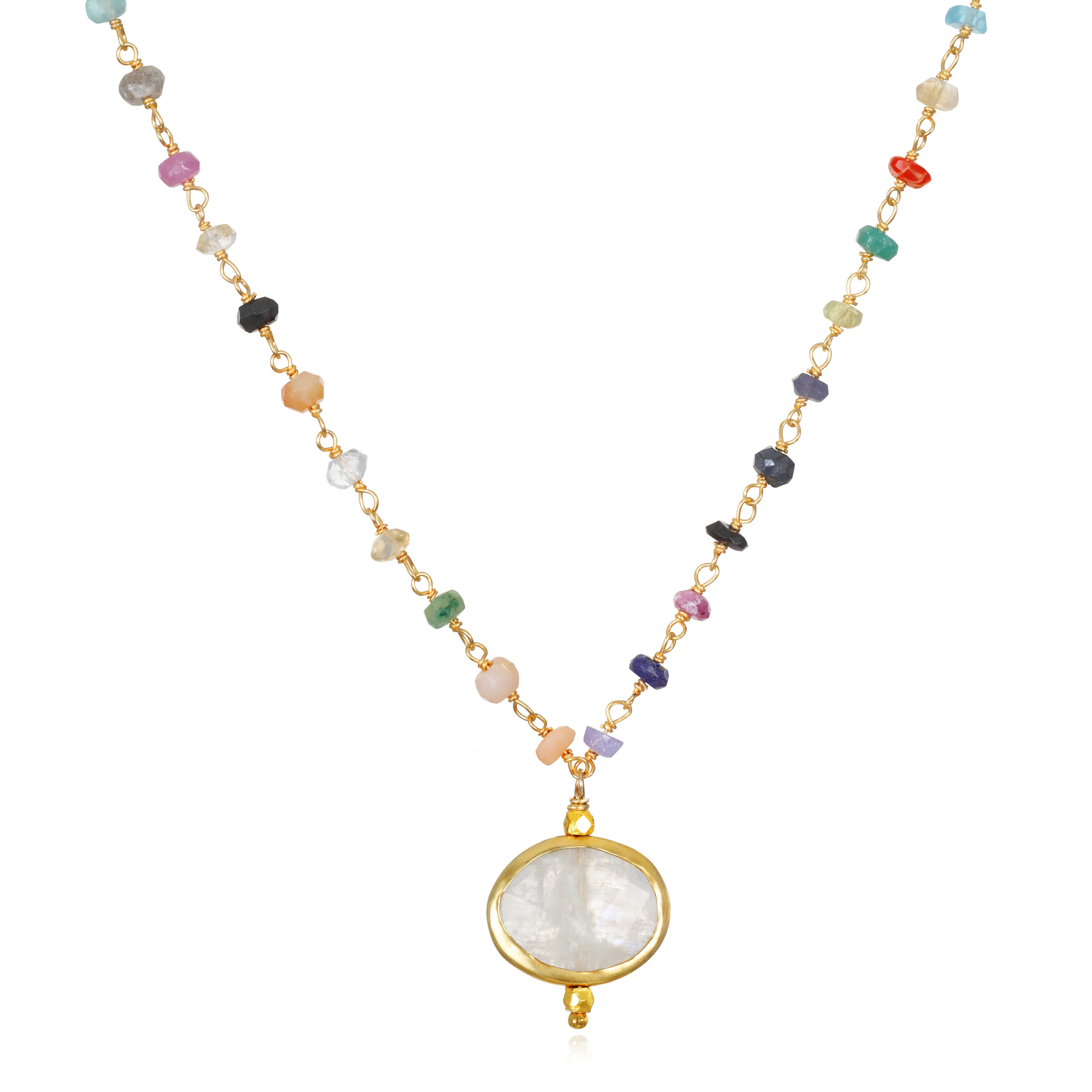 Bezel Charm Rainbow Necklace-Rainbow Moonstone