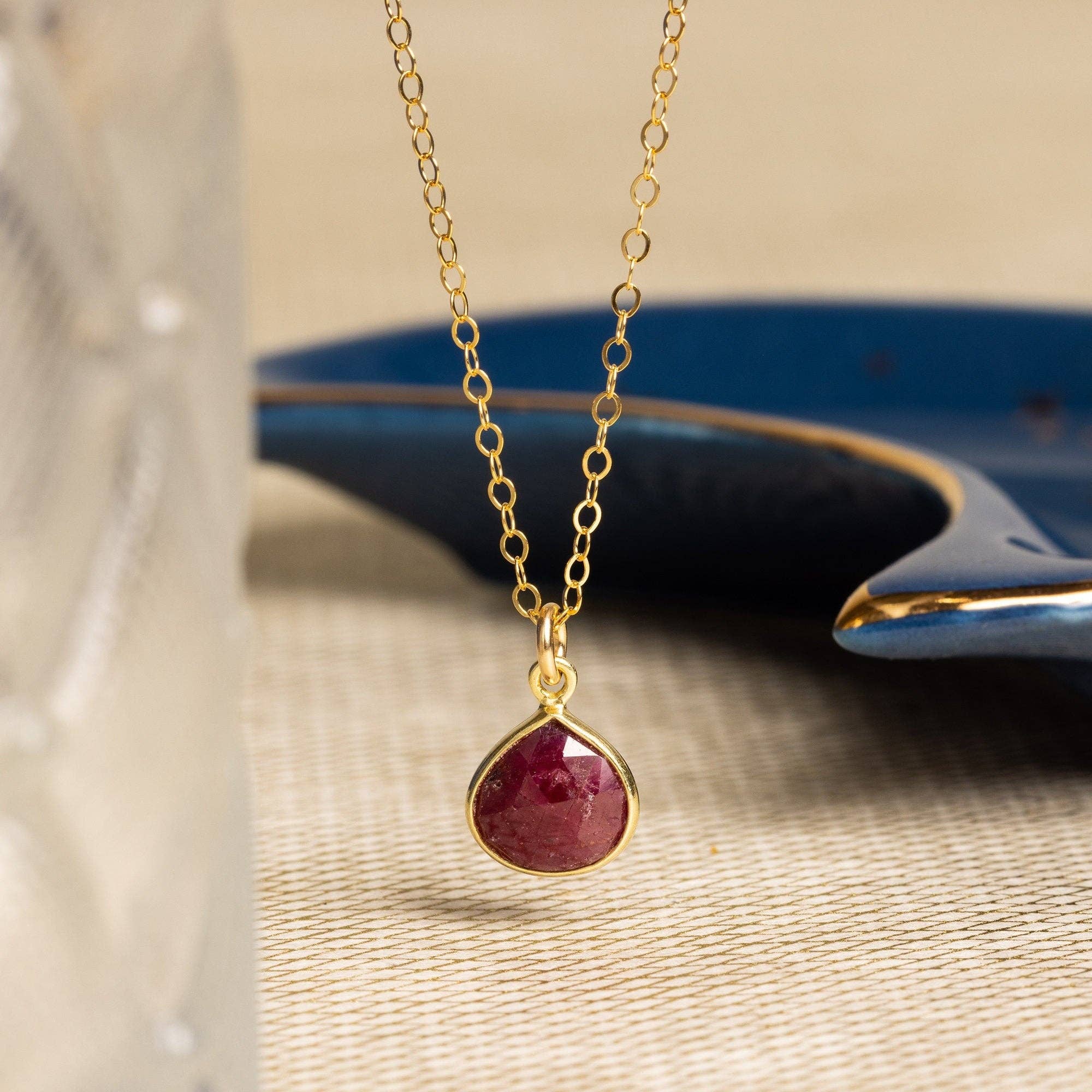 Ruby Teardrop Pendant Gold Necklace