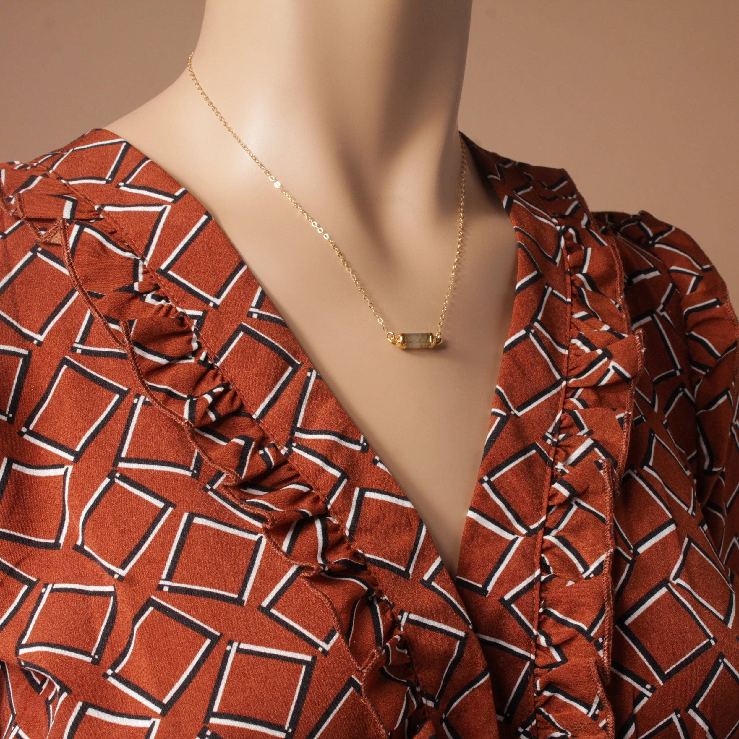 Labradorite Short Bar Gold Necklace