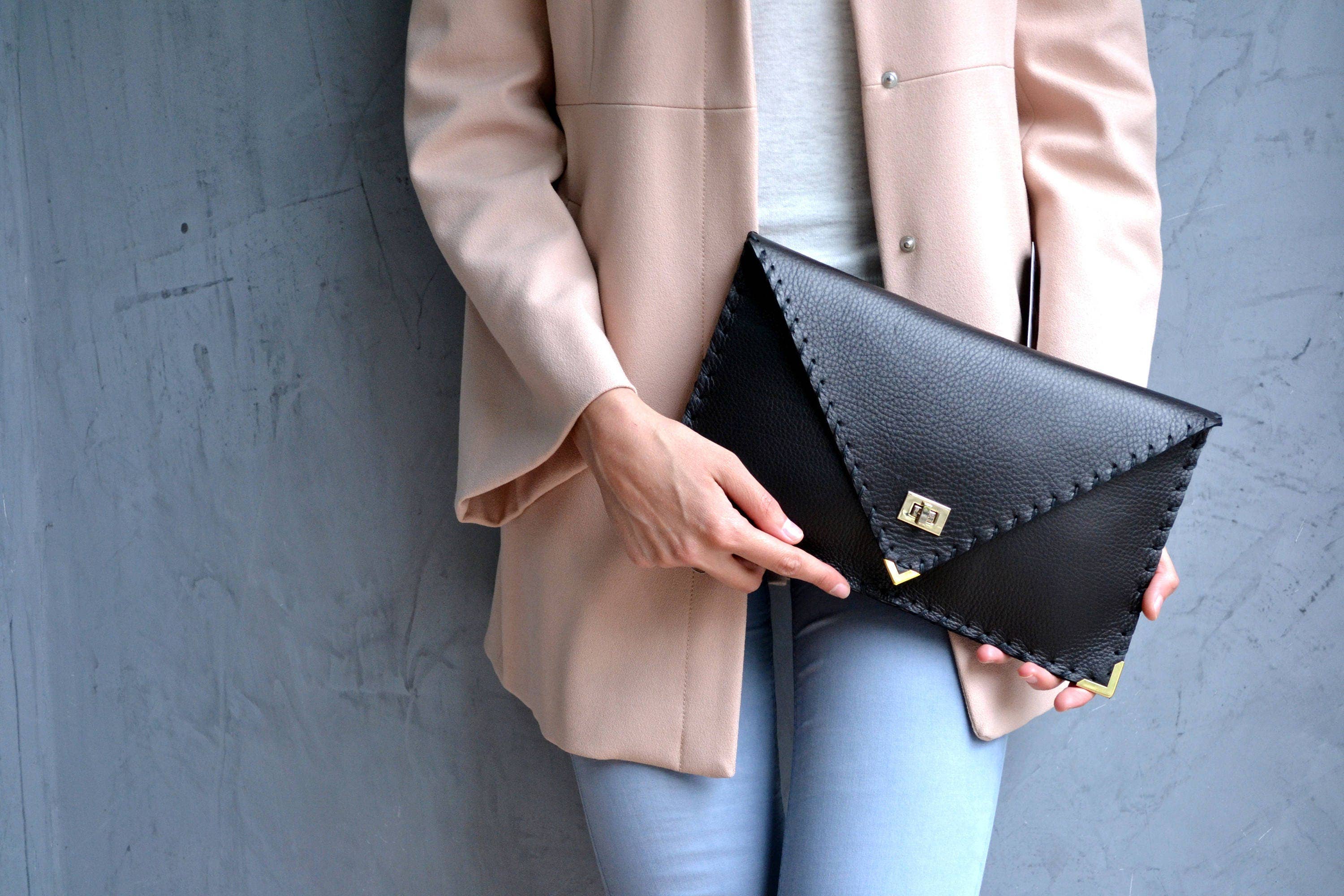 Symmetria Black Leather Clutch Bag