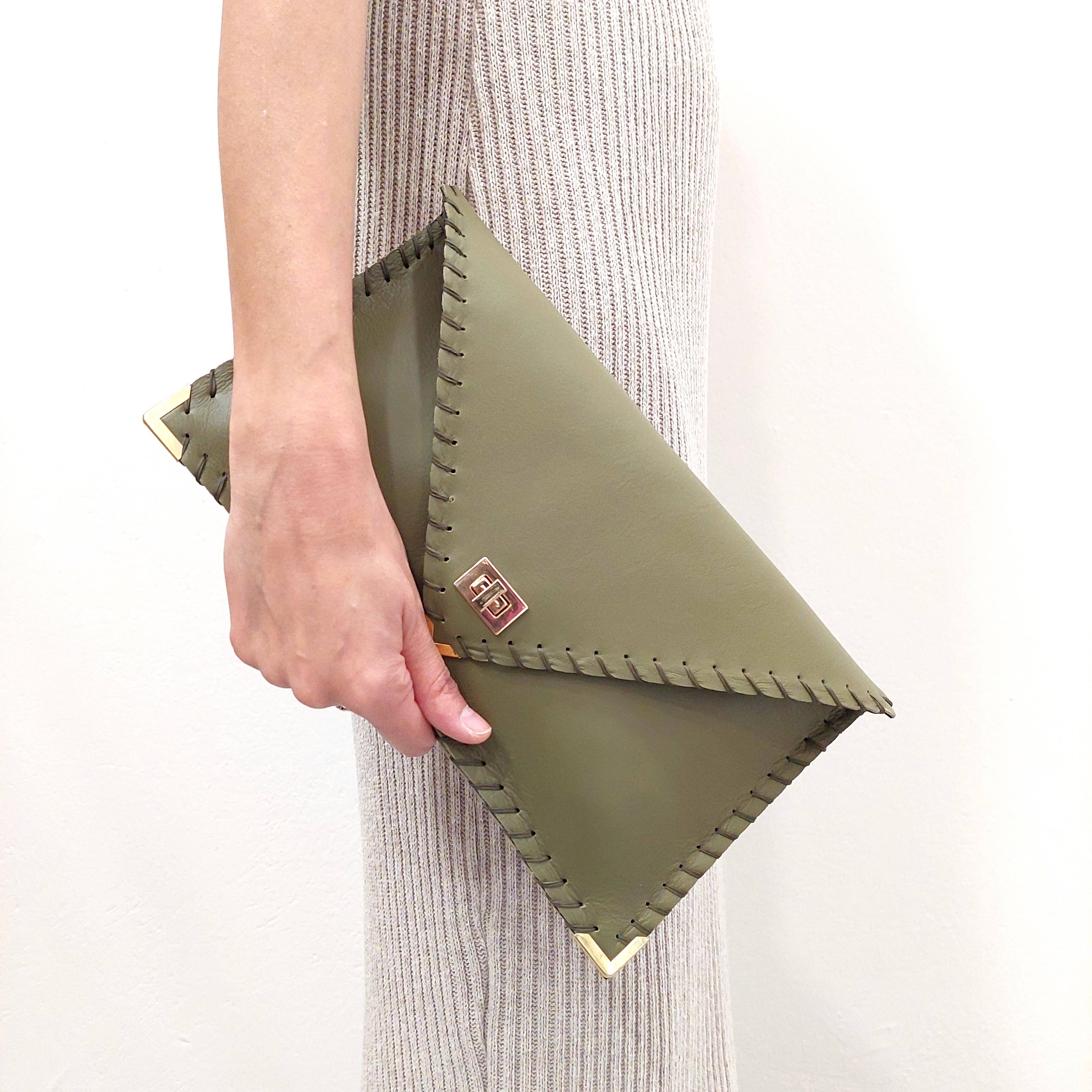 Symmetria Leather Clutch In Olive Green