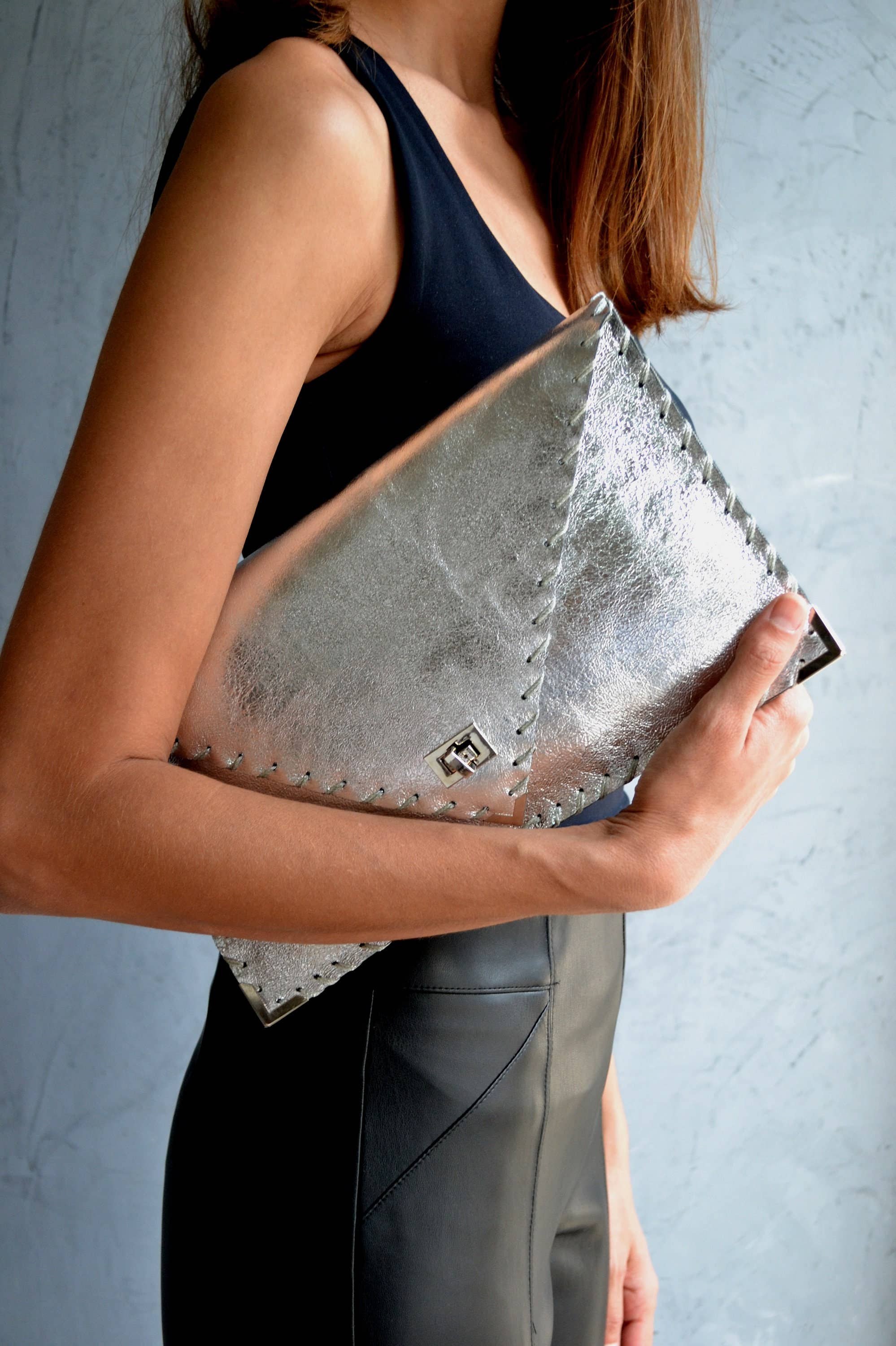 Symmetria leather clutch in silver