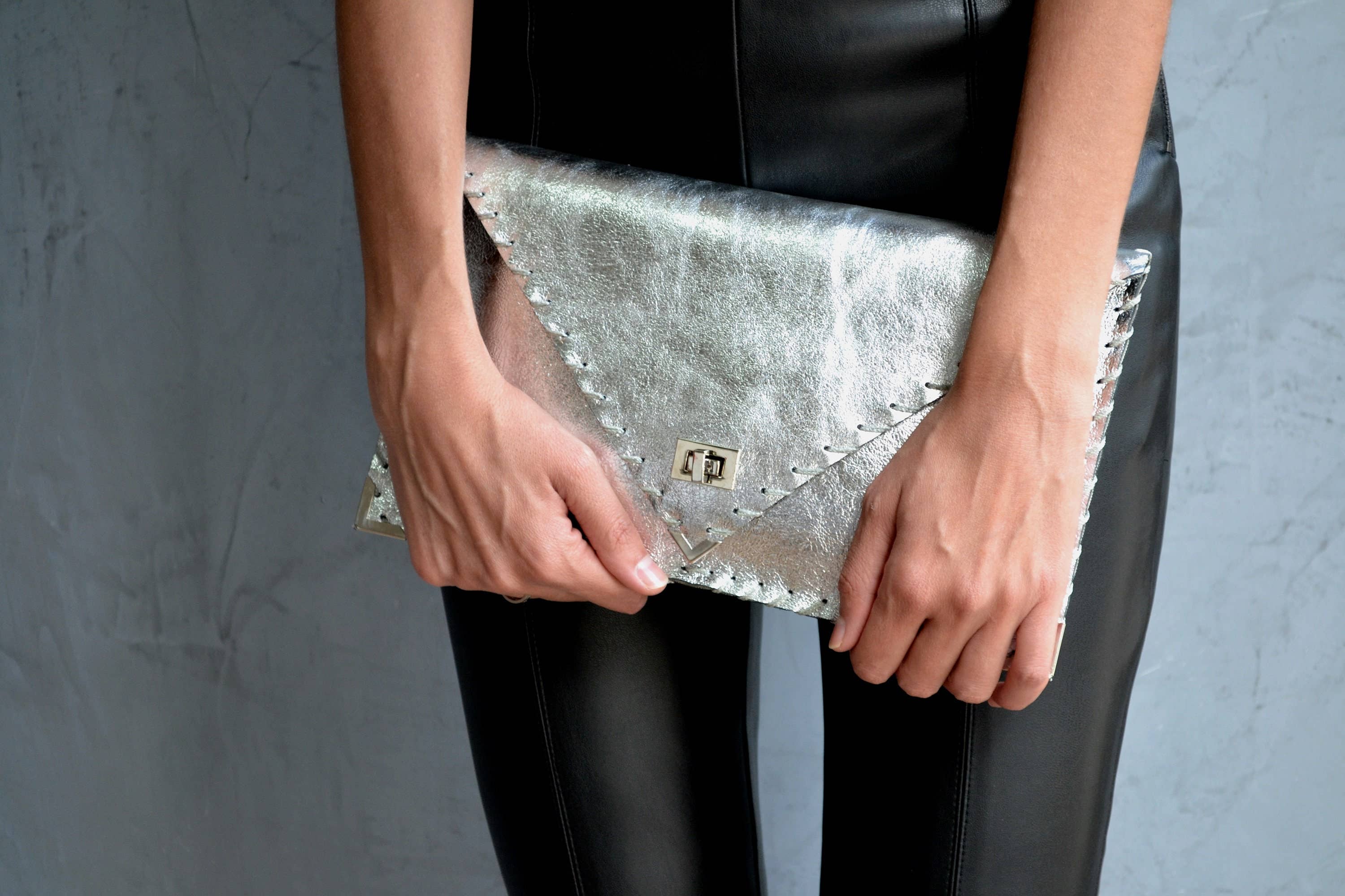 Symmetria leather clutch in silver