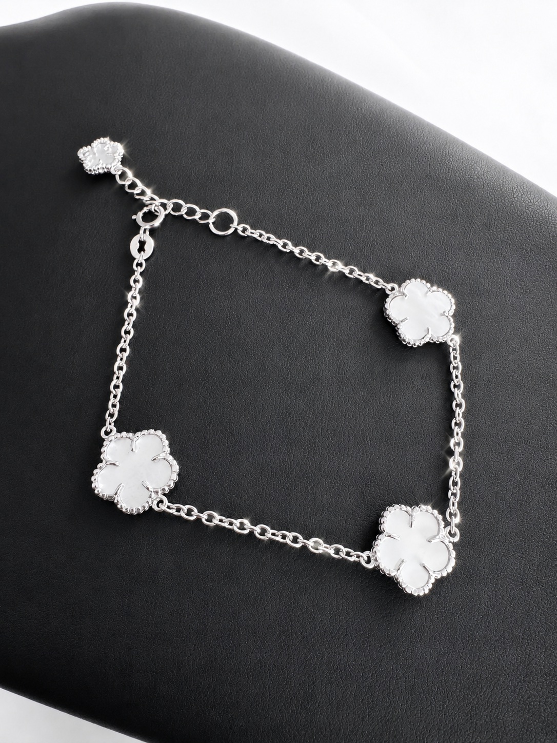 Sterling Silver Clover Bracelet with Mother of Pearl
