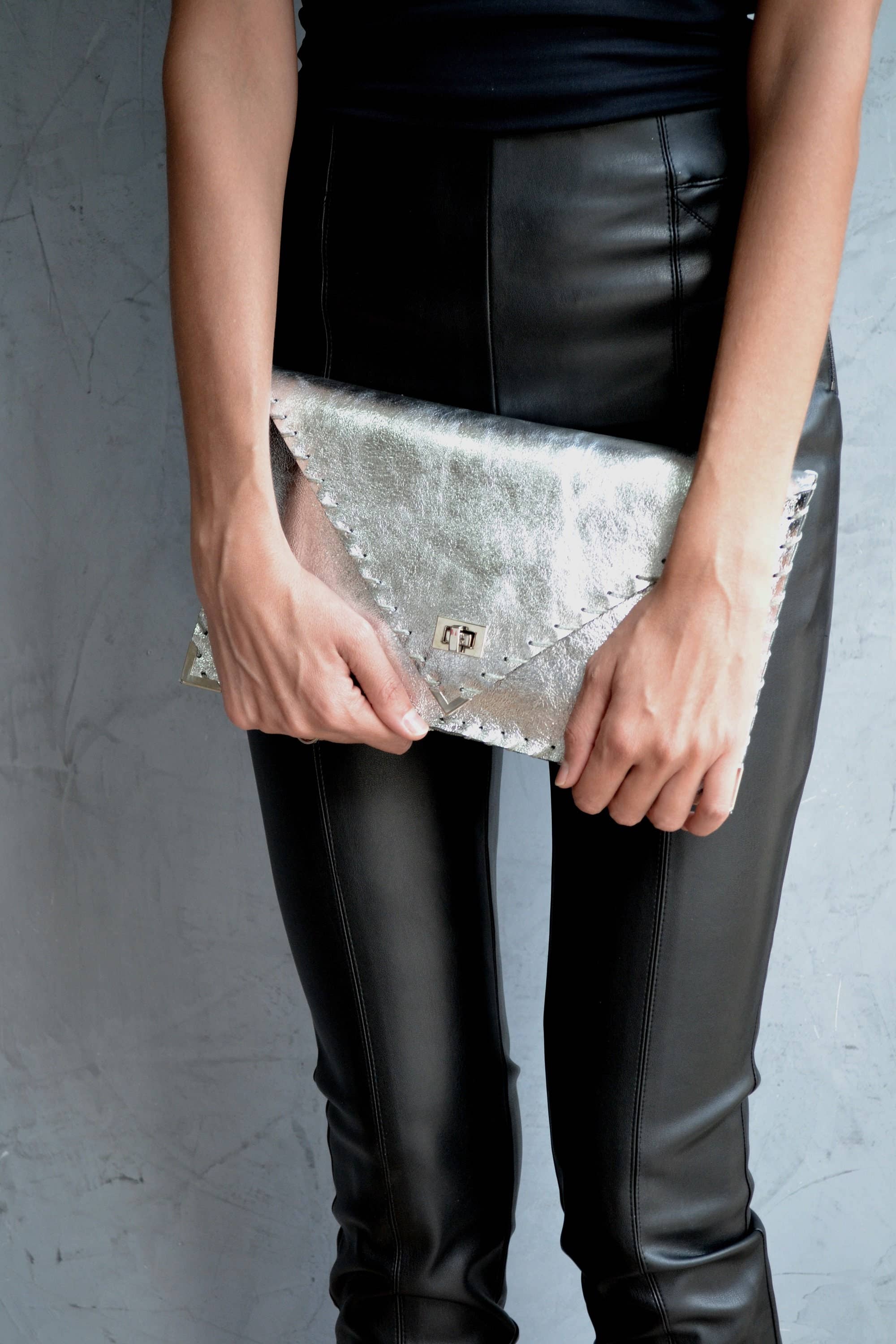 Symmetria leather clutch in silver
