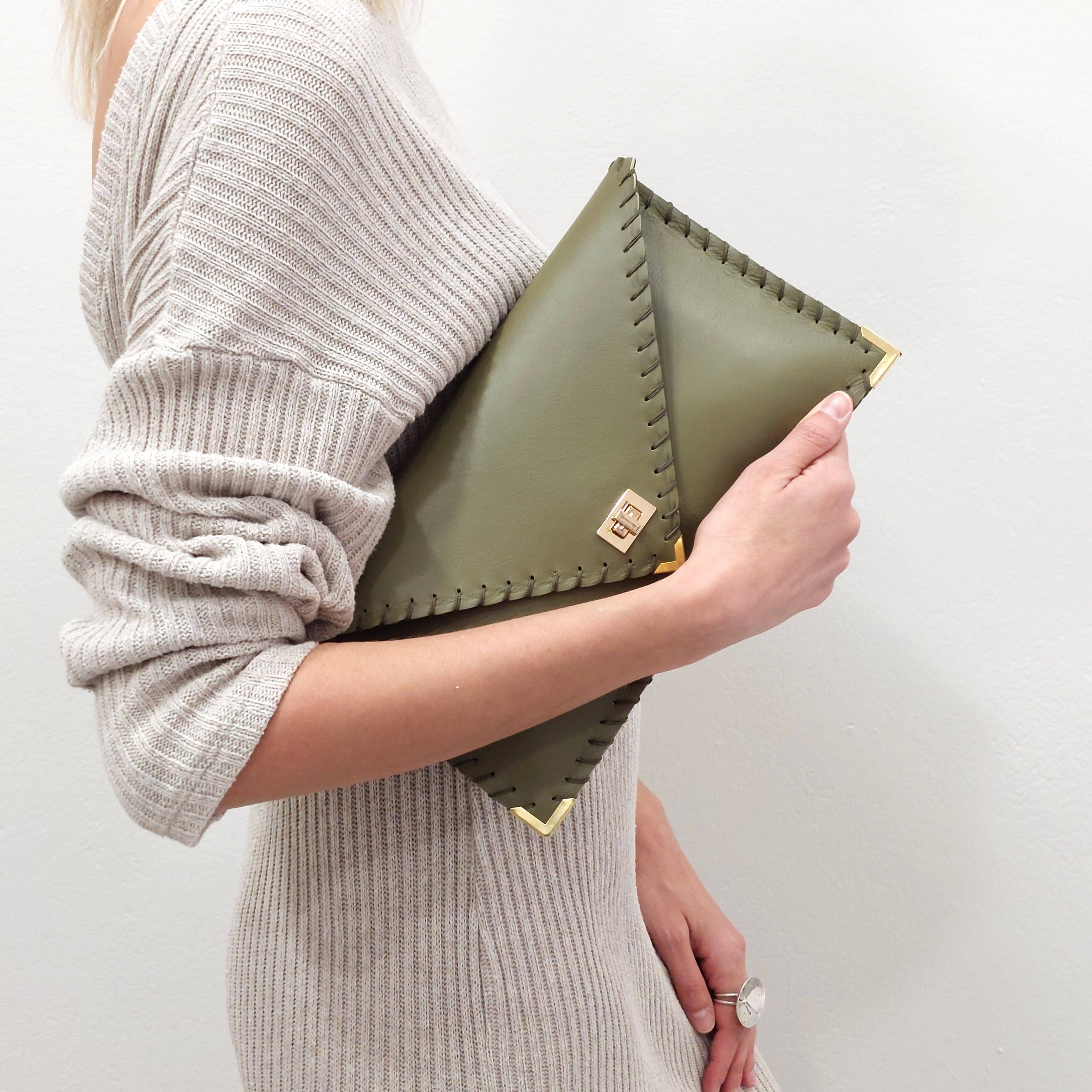 Symmetria Leather Clutch In Olive Green