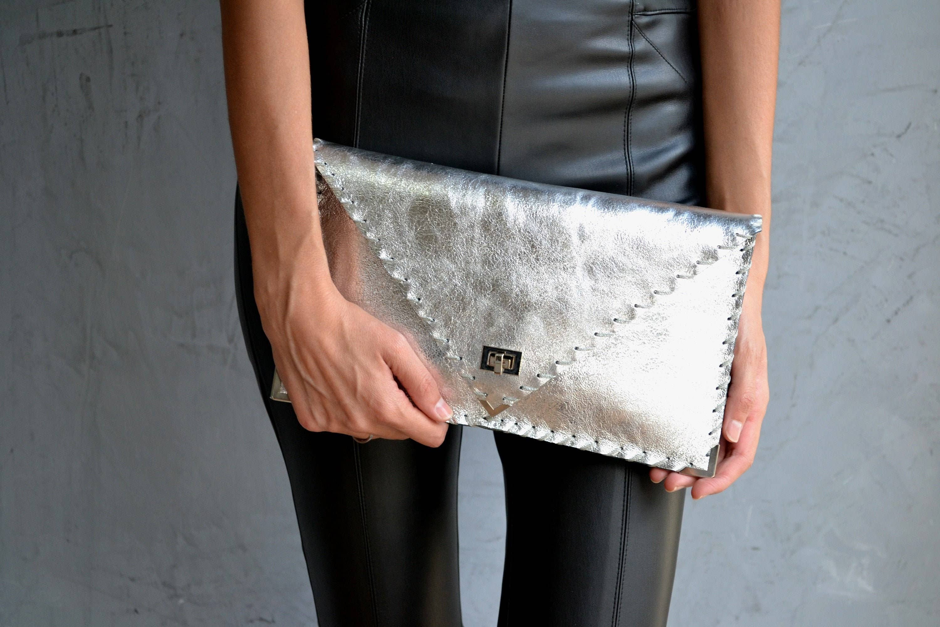 Symmetria leather clutch in silver