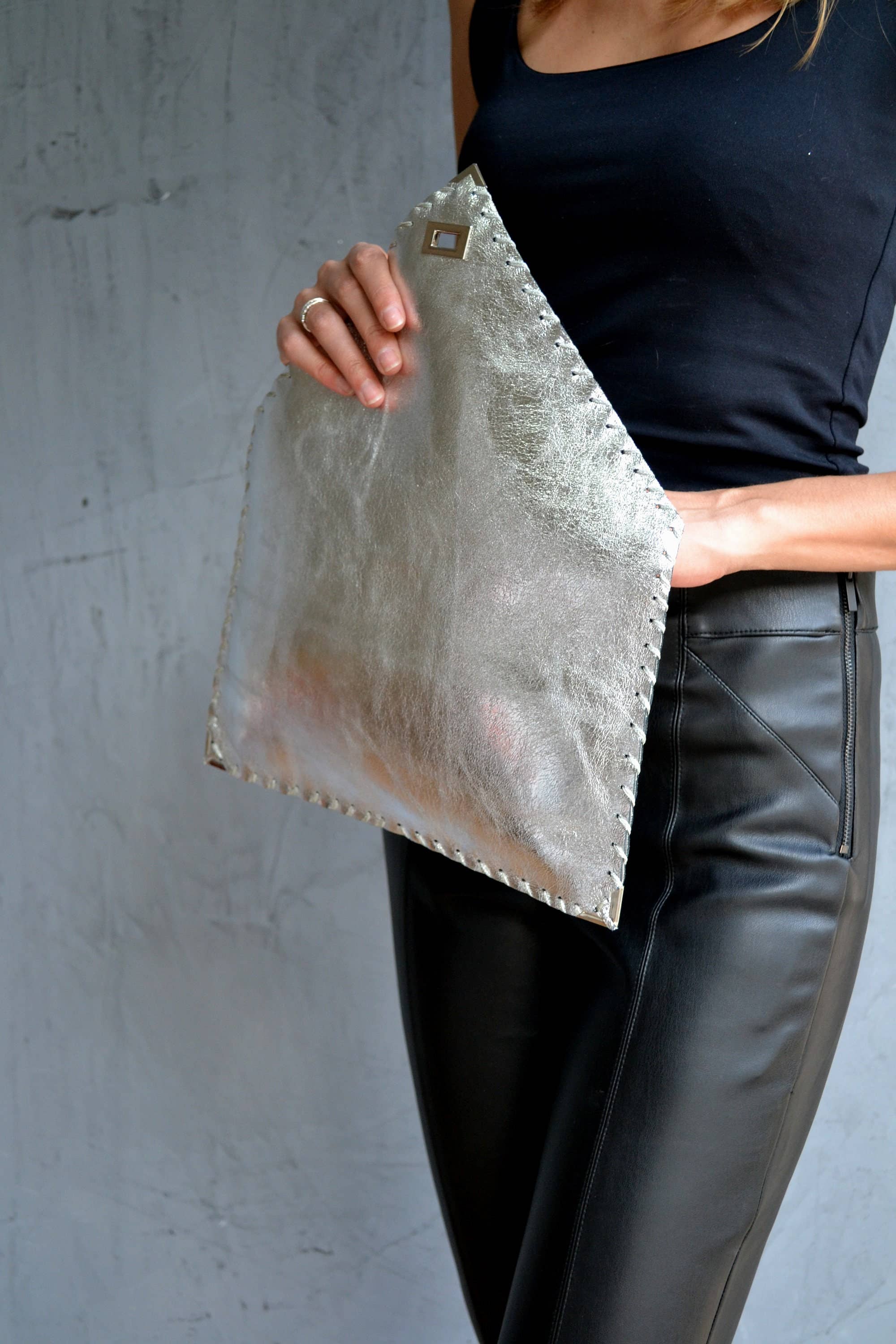 Symmetria leather clutch in silver